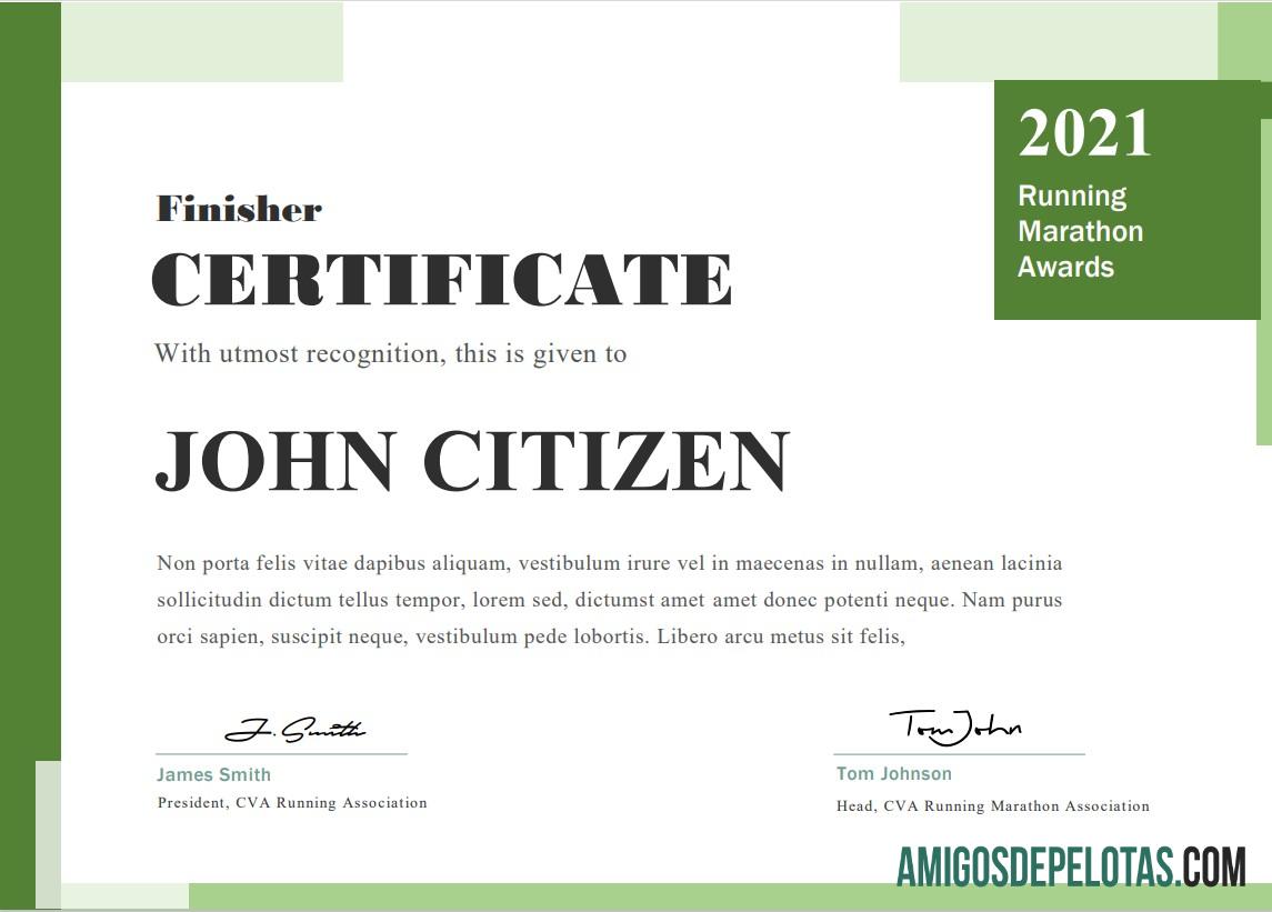 Certificado do Prêmio de Corrida dos EUA amostra